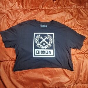 Dixxon‎ Flannel Company Women Top Large Black T-Shirt Cropped Box Crest Raw Hem